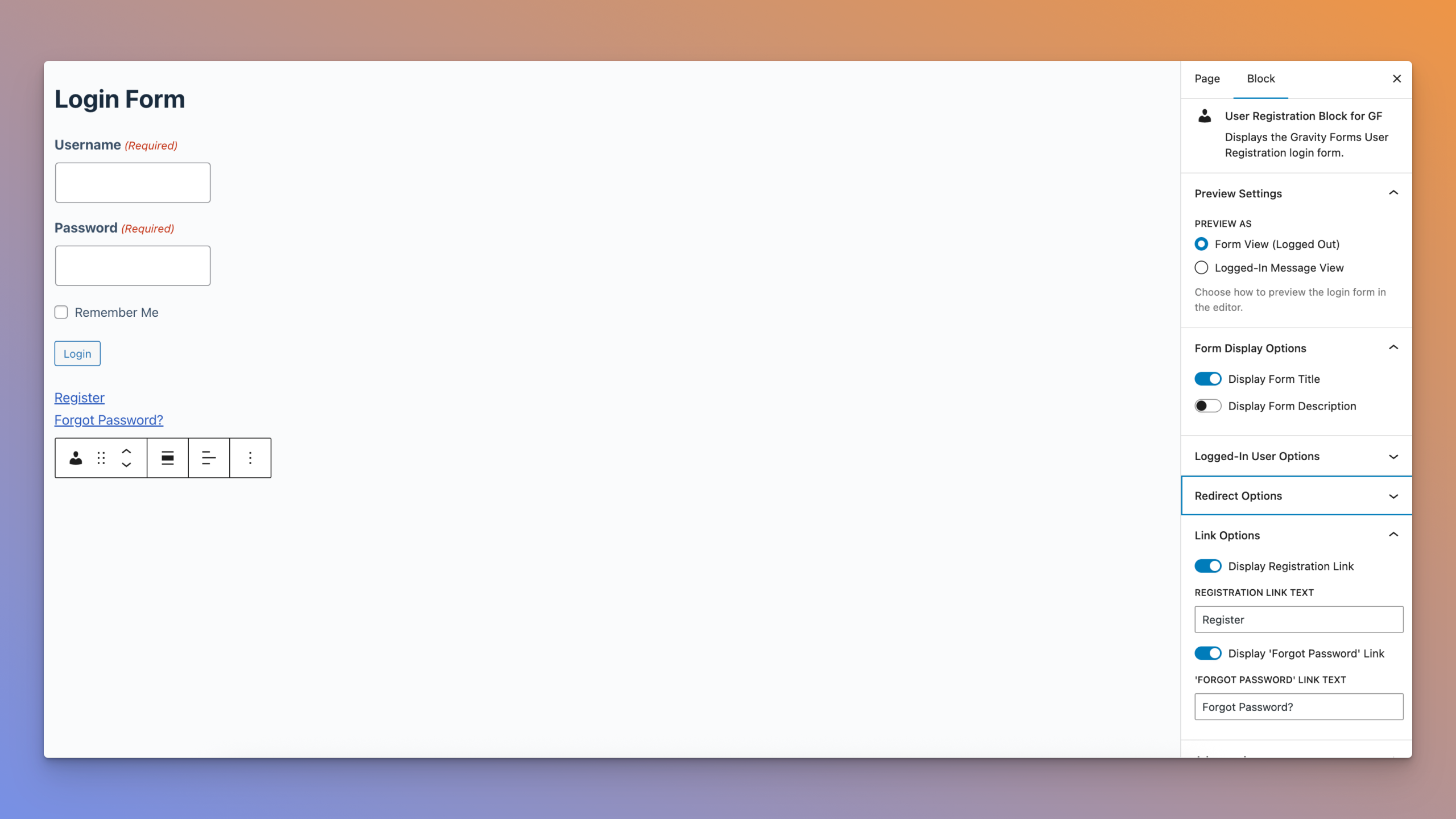 Screenshot of user registration block settings