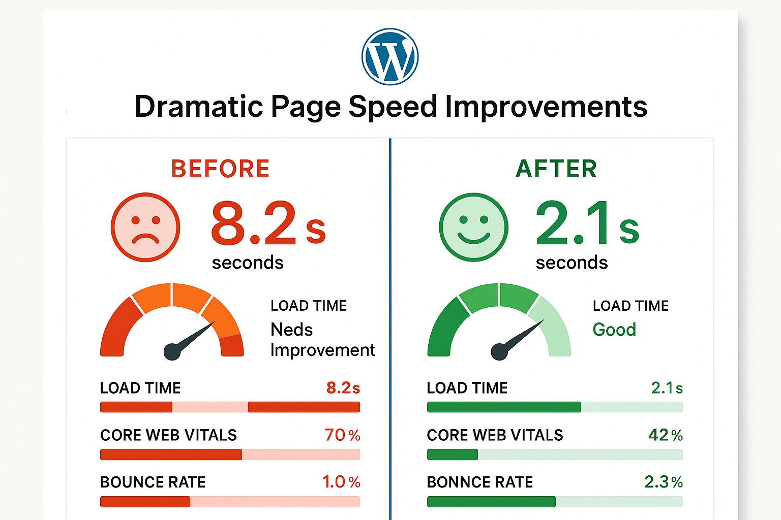 WordPress performance optimization dashboard showing speed metrics