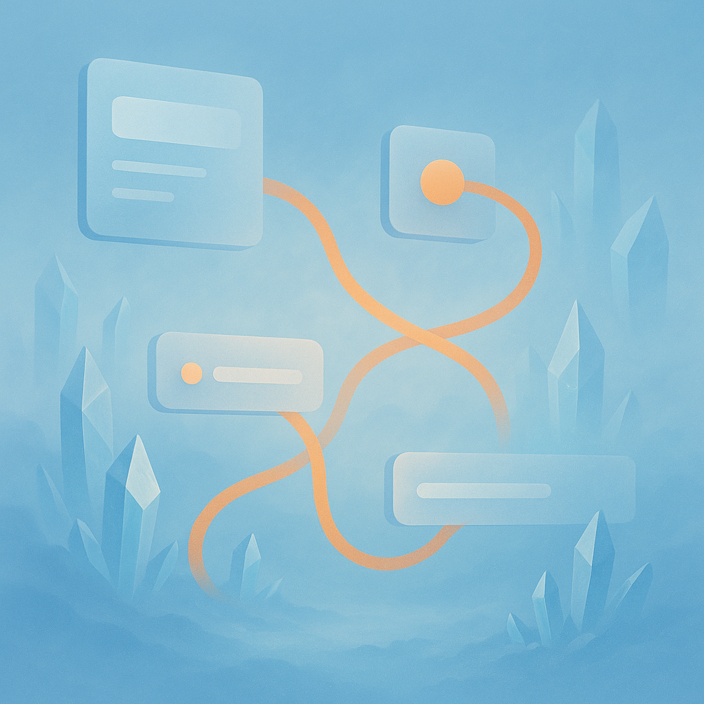 Abstract visualization of video content flowing into a WordPress website with interconnected nodes in light blue and orange