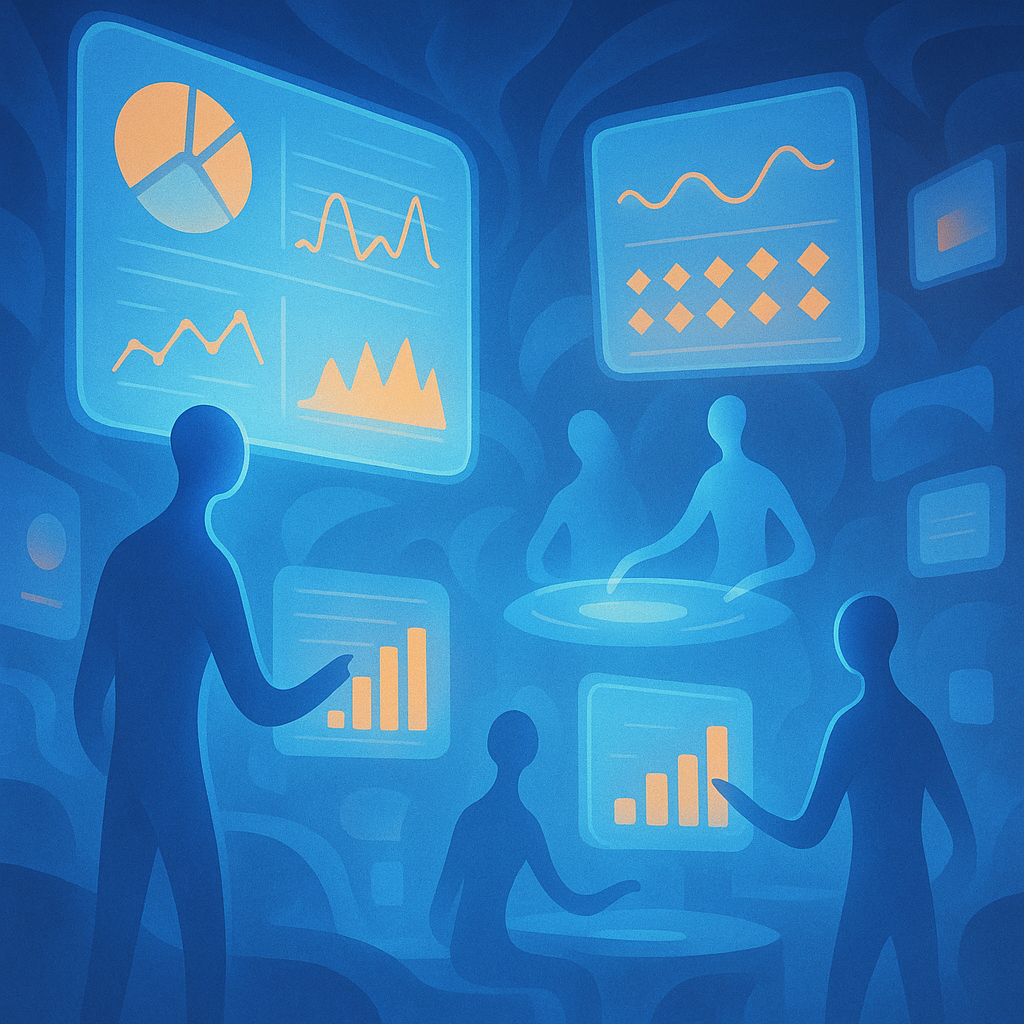 Futuristic content organization system with floating video thumbnails arranged in geometric patterns, connected by light blue energy streams in an alien landscape setting
