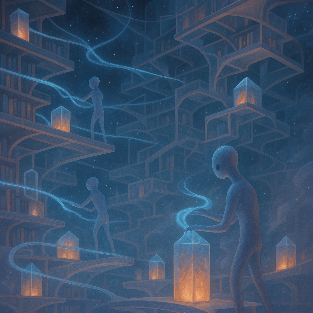 Abstract alien landscape showing ethereal figures organizing floating video screens in a cosmic workspace with light blue and orange energy streams connecting content elements