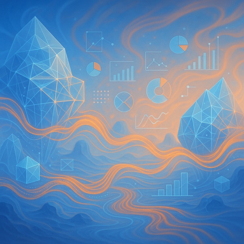 Abstract visualization of data connections flowing between WordPress and Google Search Console, featuring interconnected geometric shapes in Odd Jar brand colors representing seamless integration