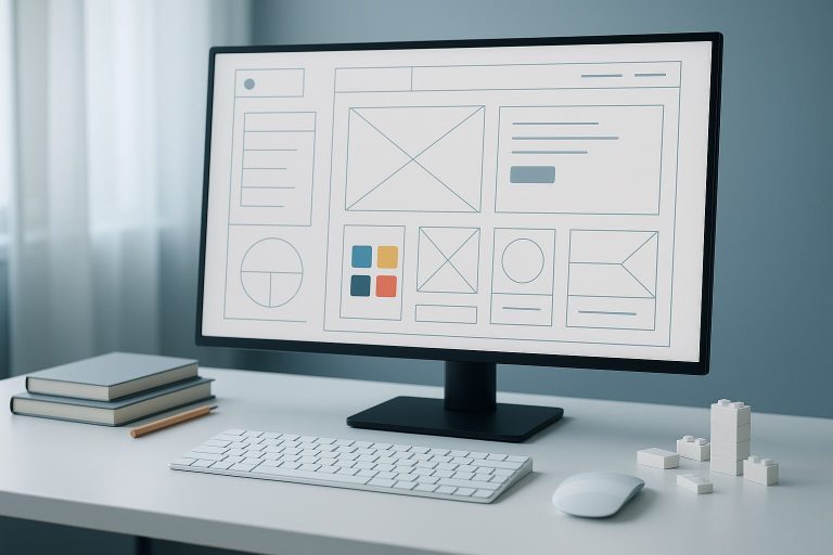 Modern web design workspace showing modular website building blocks and wireframes on a professional monitor, representing WordPress page builder comparison