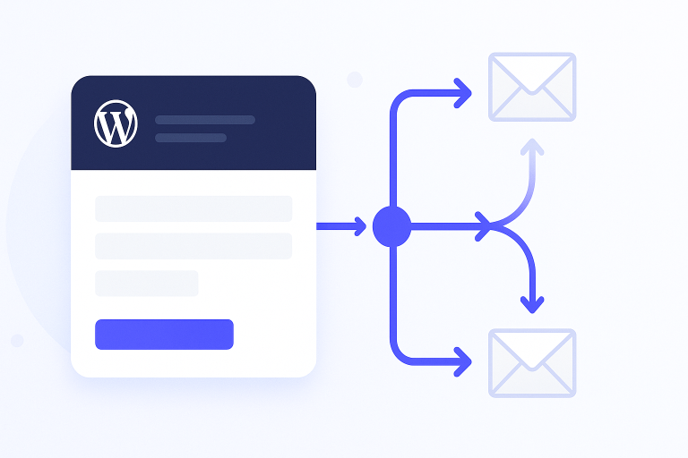 Illustration of email notification routing paths flowing from a WordPress form to different recipients through SMTP authentication