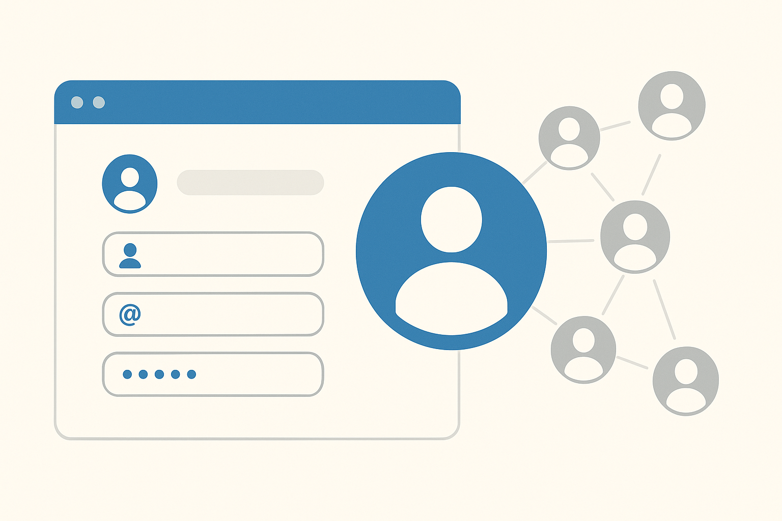 Conceptual illustration of a WordPress user registration form with connected user profiles representing the Gravity Forms User Registration Add-On workflow
