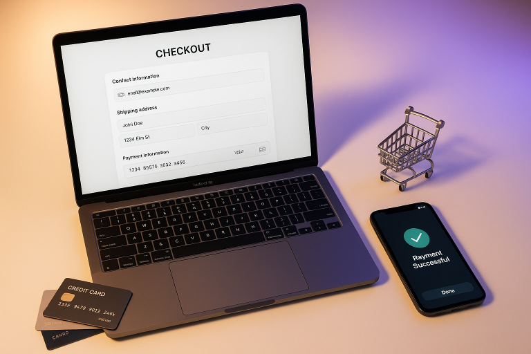 WooCommerce checkout optimization workspace showing laptop with streamlined checkout form, smartphone displaying payment success, credit cards, and shopping cart