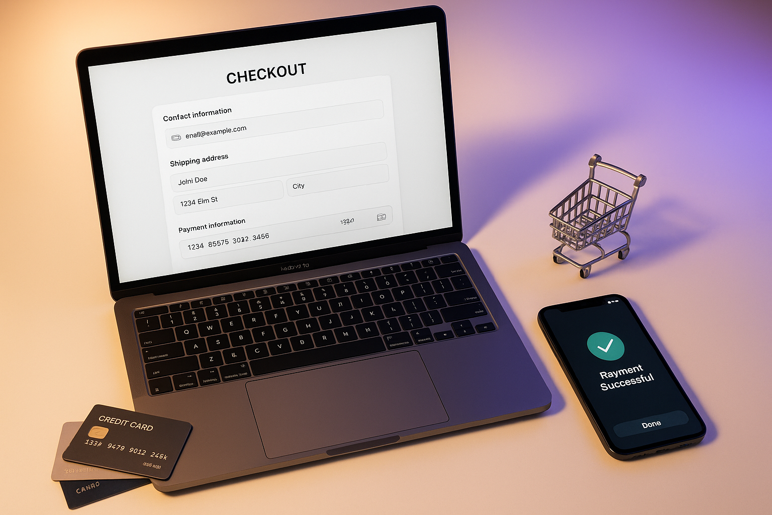 WooCommerce checkout optimization workspace showing laptop with streamlined checkout form, smartphone displaying payment success, credit cards, and shopping cart