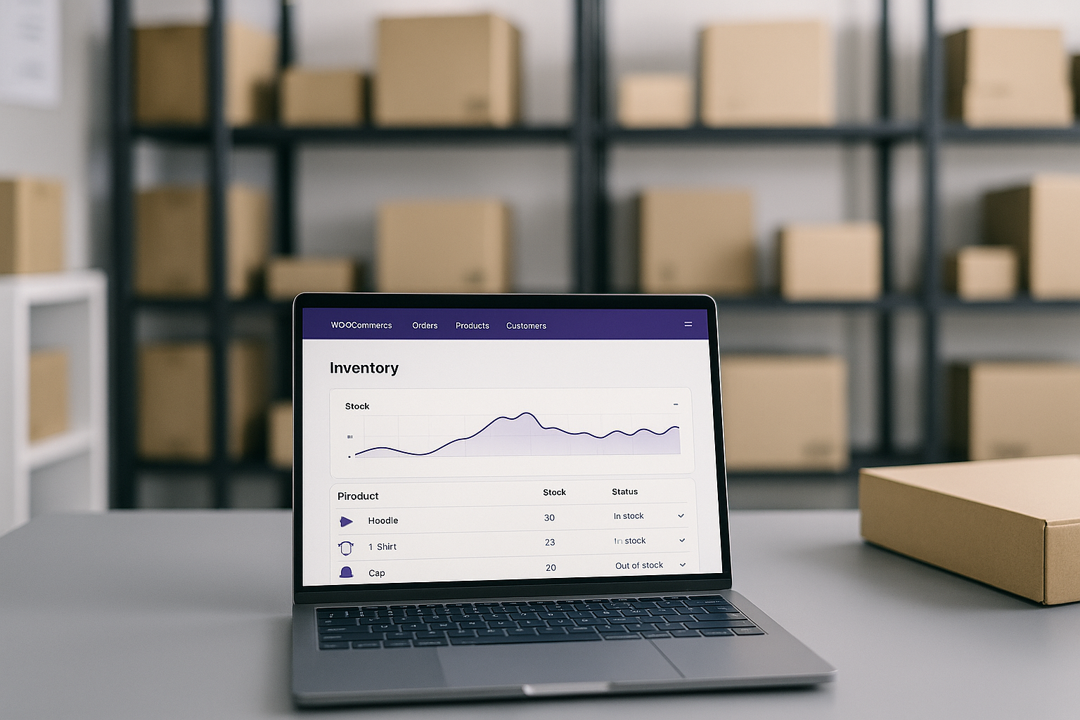 Dashboard showing WooCommerce inventory management with warehouse shelving in background