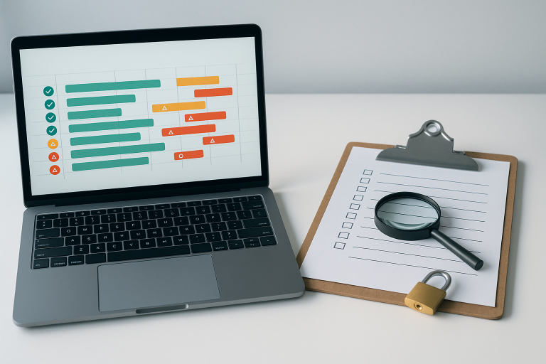 Laptop displaying a color-coded WordPress activity log timeline with green checkmarks, amber warnings, and red alerts, beside a clipboard audit checklist and magnifying glass on a clean white desk