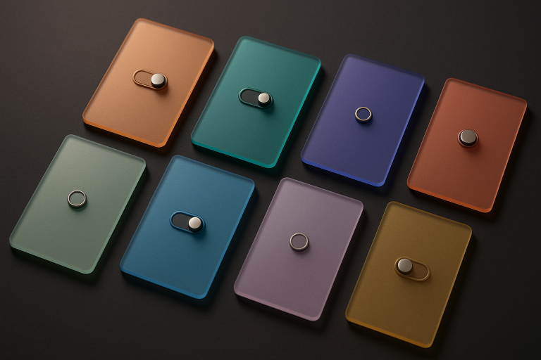 Eight frosted-glass cards with toggle switches in different colors representing WordPress form plugins compared side by side