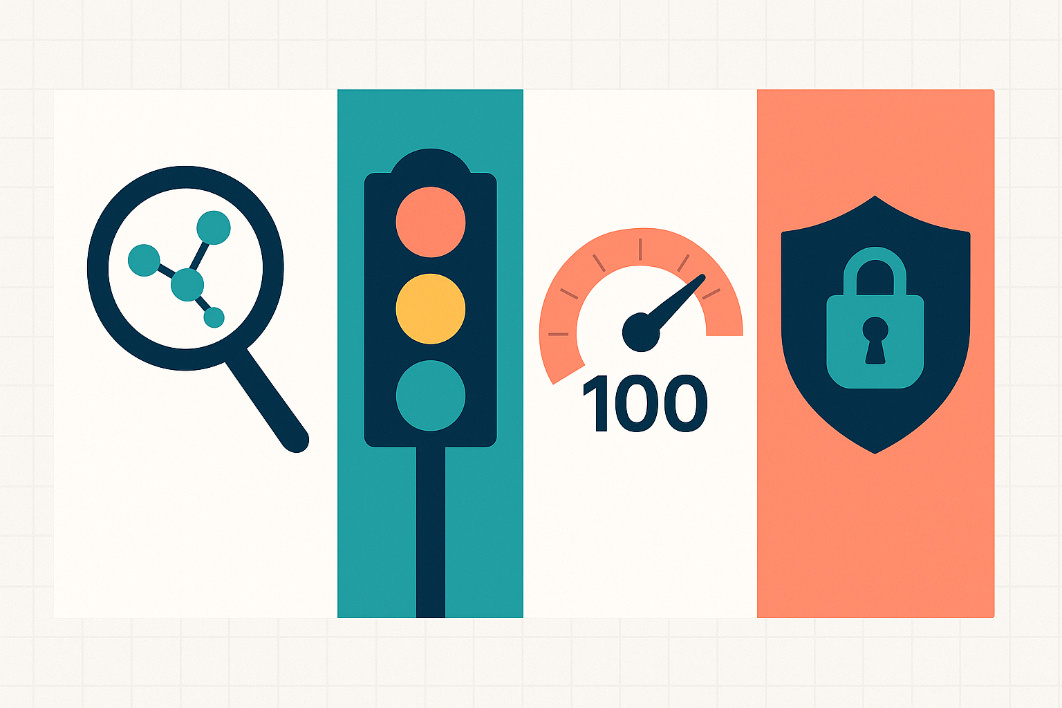 Four panel comparison illustration showing SEO plugin characteristics: data analytics, traffic light scoring, 100-point gauge, and privacy shield