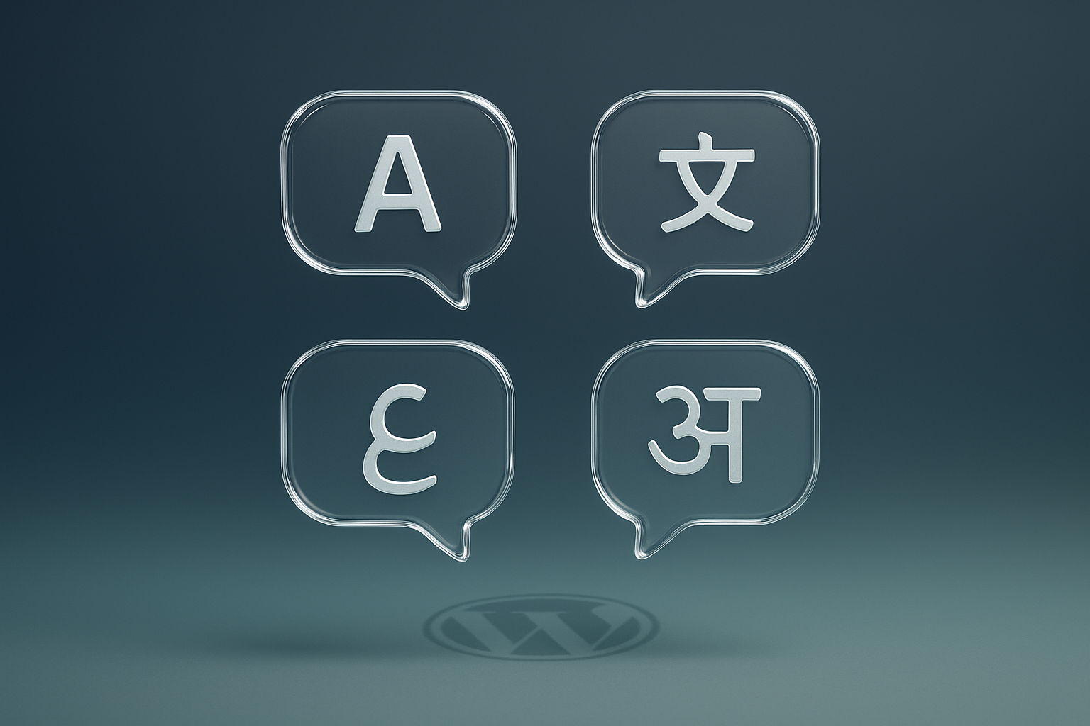 Four translucent glass speech bubbles containing different language scripts representing WordPress multilingual translation plugin comparison
