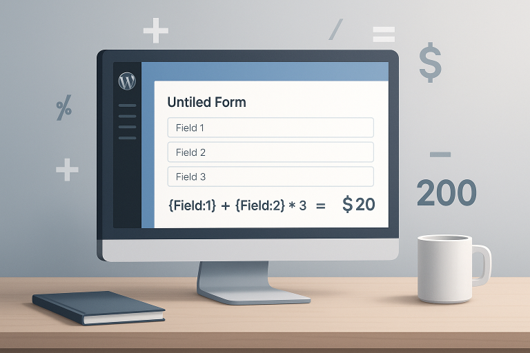 Gravity Forms calculation formula editor with pricing fields and order form configuration on a WordPress dashboard