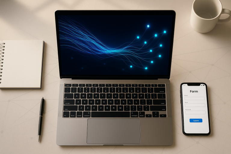 Overhead workspace photograph showing a laptop with flowing blue data streams connecting to API endpoint nodes beside a smartphone displaying a web form interface illustrating webhook data transmission