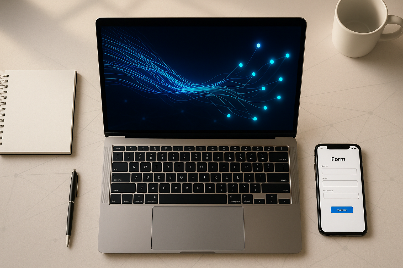 Overhead workspace photograph showing a laptop with flowing blue data streams connecting to API endpoint nodes beside a smartphone displaying a web form interface illustrating webhook data transmission