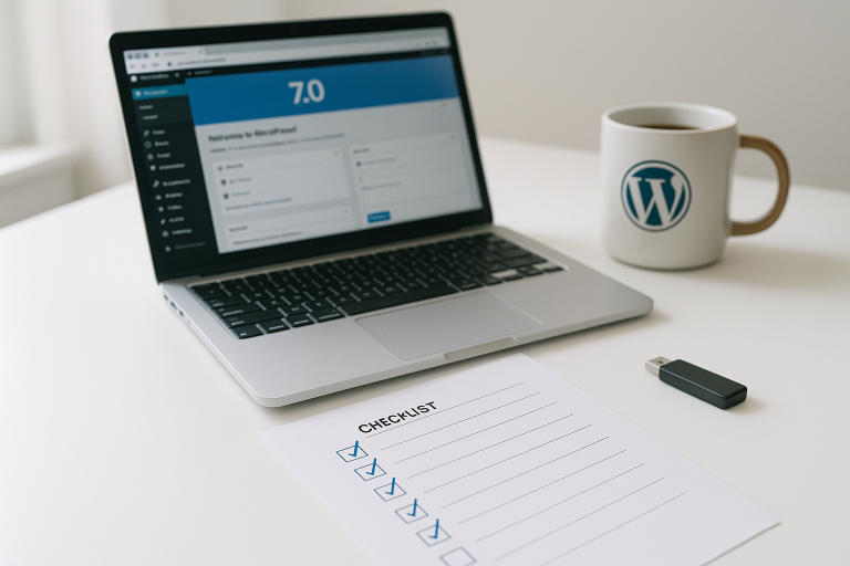 WordPress site owner desk with laptop showing WordPress 7.0 admin dashboard, printed preparation checklist, and backup drive