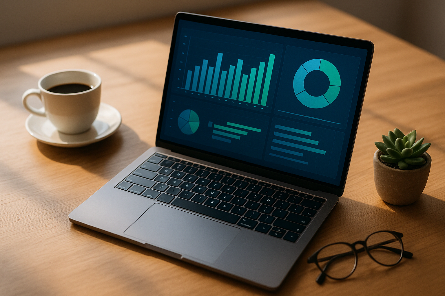 Laptop on a wooden desk displaying a colorful analytics dashboard with charts and graphs, representing WordPress analytics plugin comparison