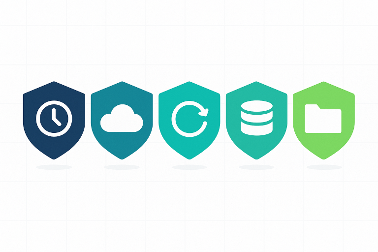 Comparison of five WordPress backup plugin icons arranged side by side, representing UpdraftPlus, BlogVault, Jetpack VaultPress, BackWPup, and WPvivid