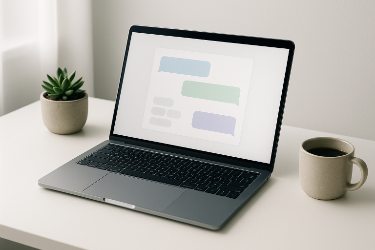 Laptop displaying chat interface with conversation bubbles on minimal desk