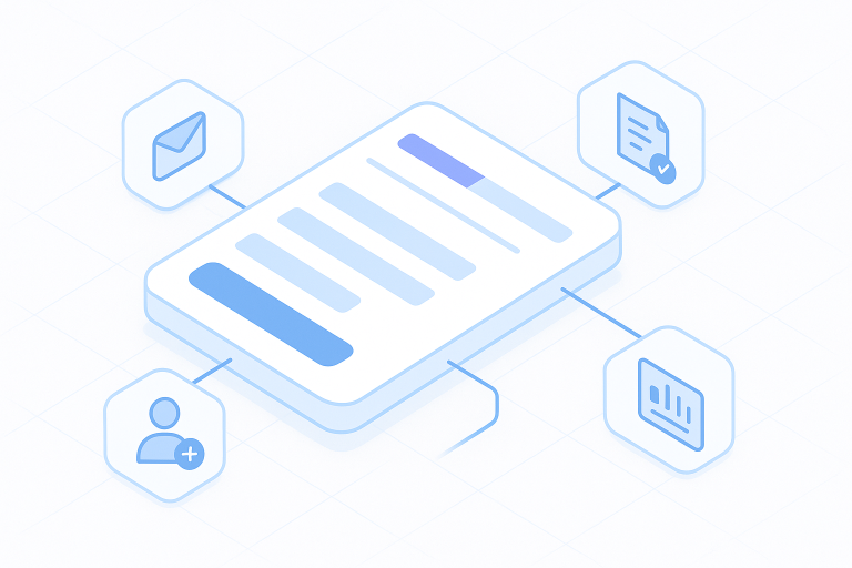 Isometric illustration of a WordPress client onboarding form with connected workflow nodes for email, CRM, user creation, and analytics
