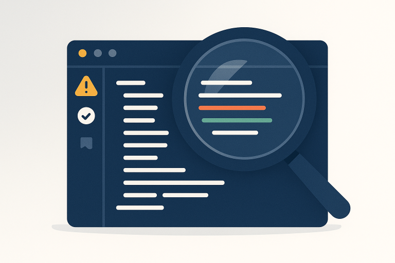 Magnifying glass over a browser window with code highlighting errors and warnings, representing WordPress debugging plugin functionality