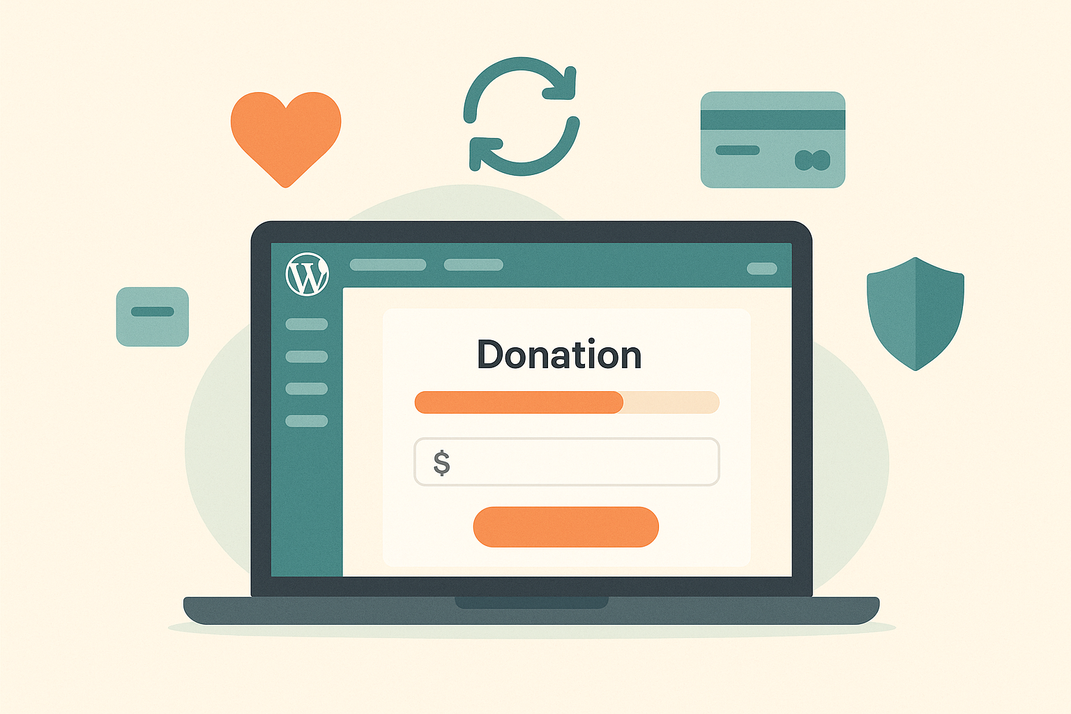 WordPress donation plugin comparison showing a laptop with a donation form, surrounded by icons for recurring payments, credit cards, and security