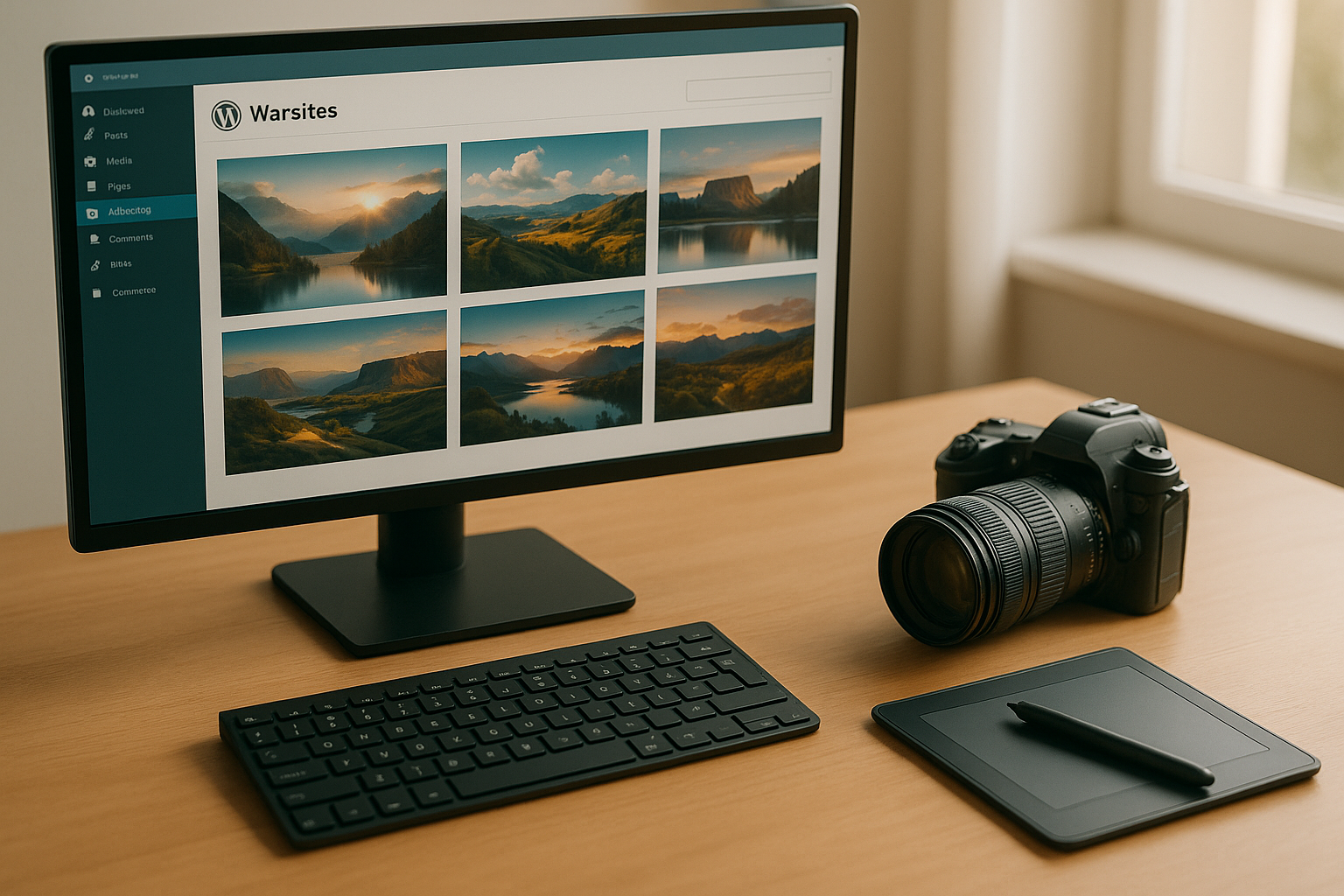 Photographer workspace with monitor displaying a WordPress gallery of landscape photographs in masonry layout