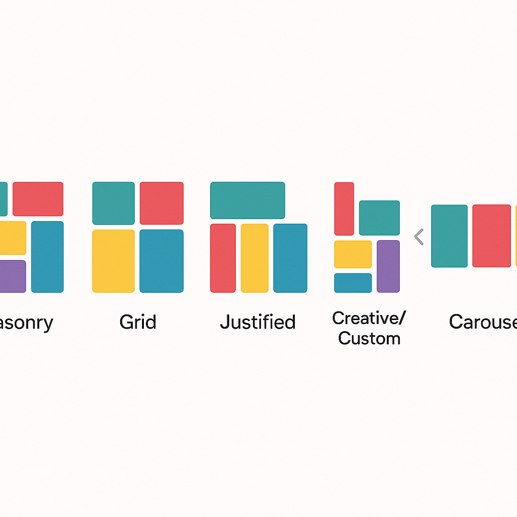 Comparison of five WordPress gallery layout types showing masonry, grid, justified, creative grid, and carousel patterns
