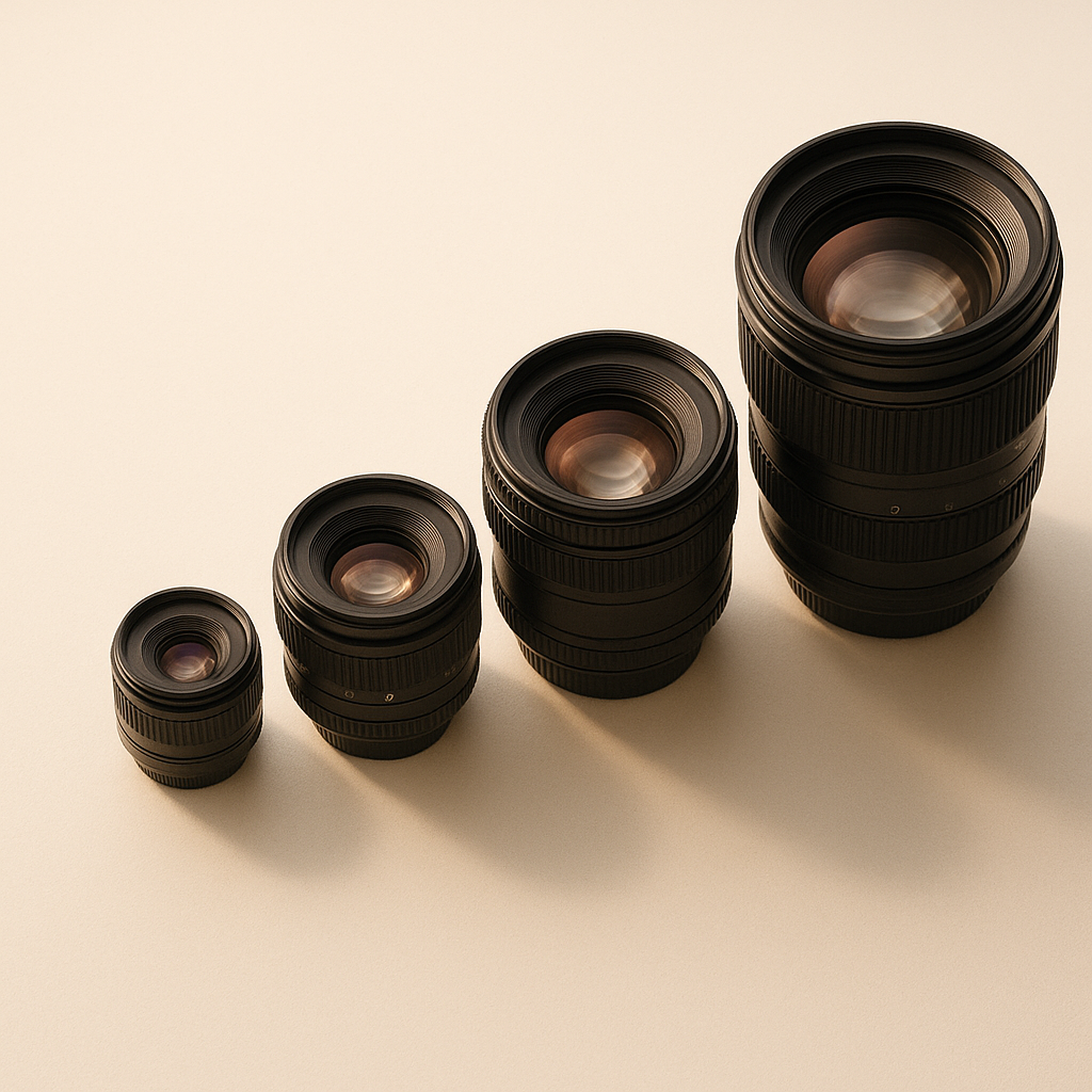 Five camera lenses arranged by size representing different levels of gallery plugin capability