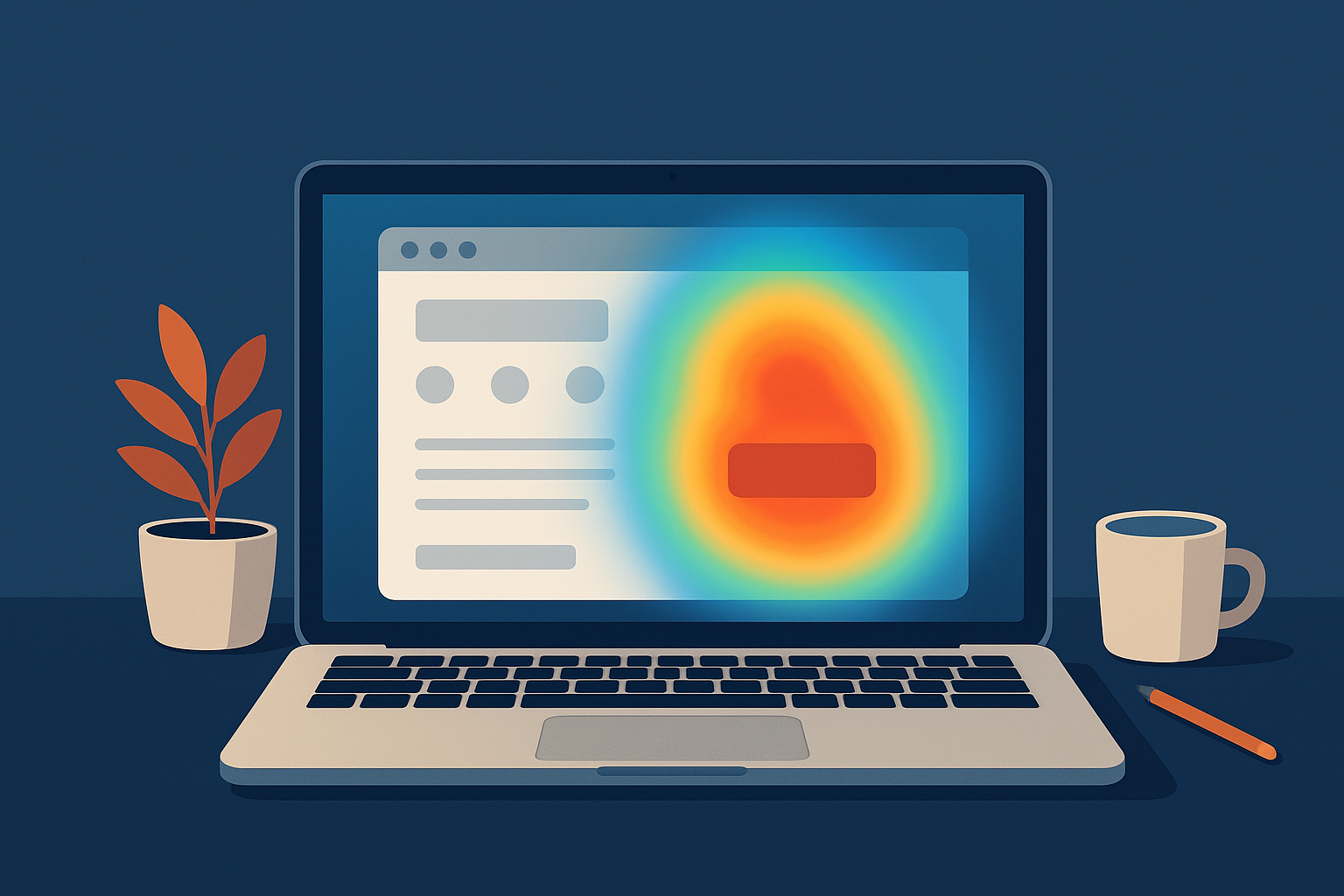 Laptop displaying a website heatmap with warm red and orange click data over a page wireframe, illustrating WordPress heatmap plugin analysis
