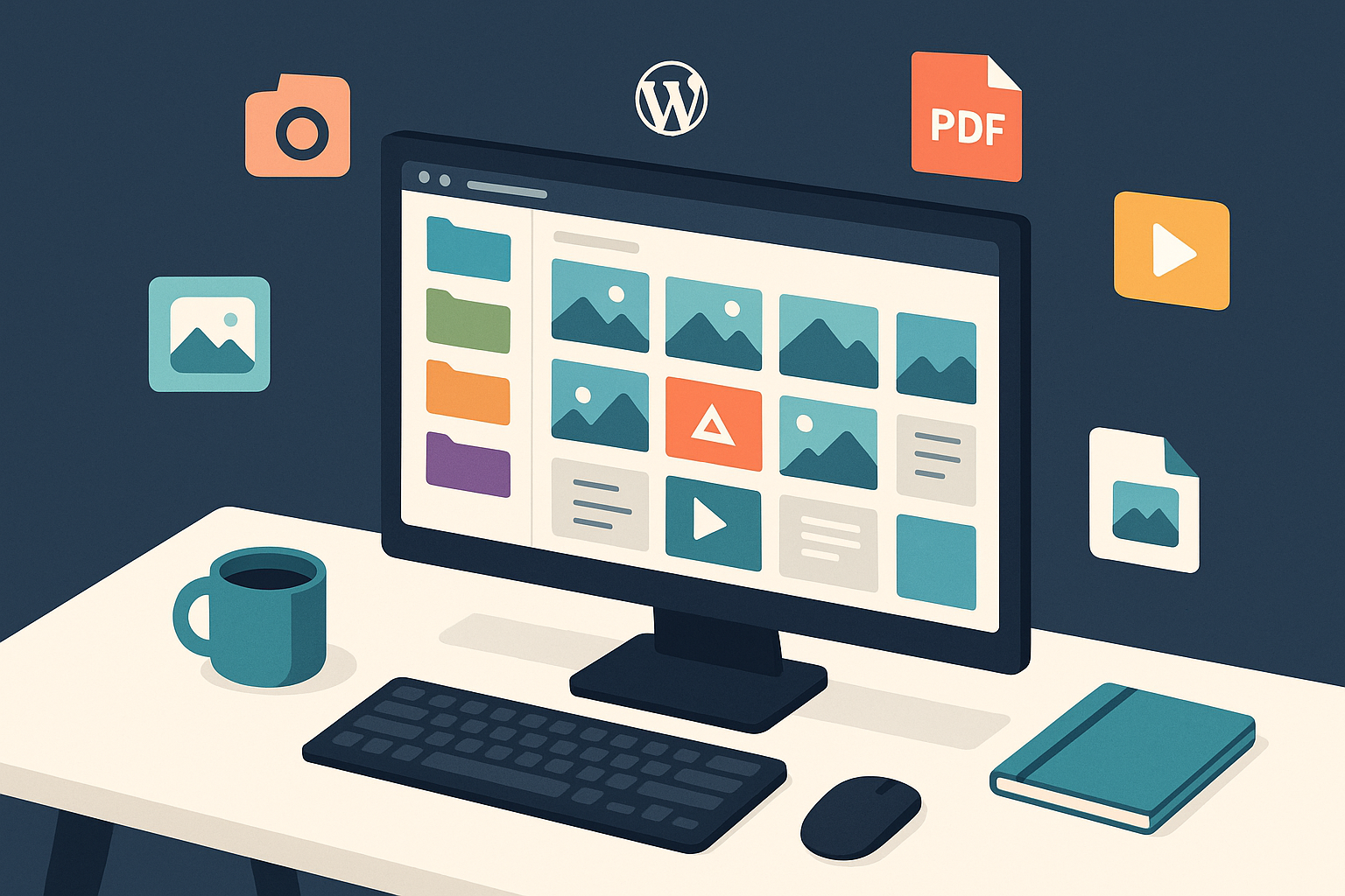 Illustration of an organized WordPress media library with folder structure showing images and documents sorted into color-coded categories on a desktop workspace