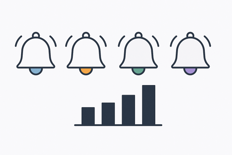 Comparison of four WordPress push notification plugins represented by notification bell icons with distinct color accents and a bar chart