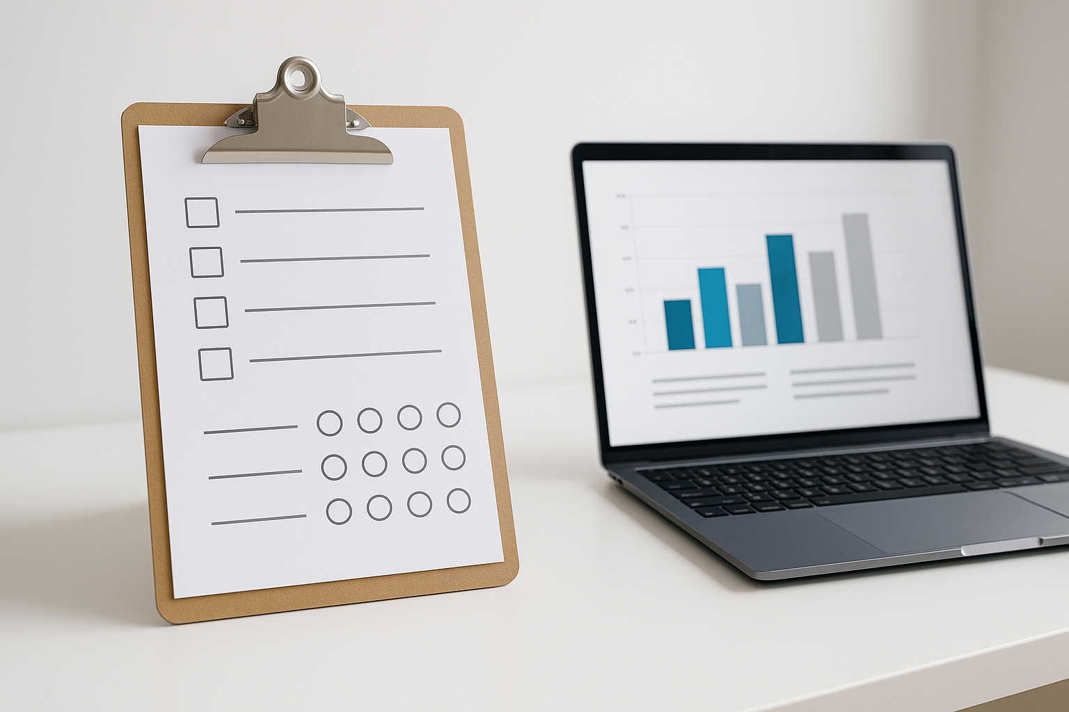 Comparison of WordPress survey and quiz plugins showing clipboard with survey form and laptop displaying analytics charts