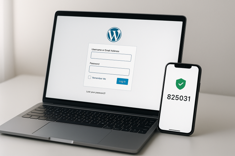 Laptop showing WordPress login screen next to smartphone displaying a six-digit two-factor authentication code with green shield verification icon