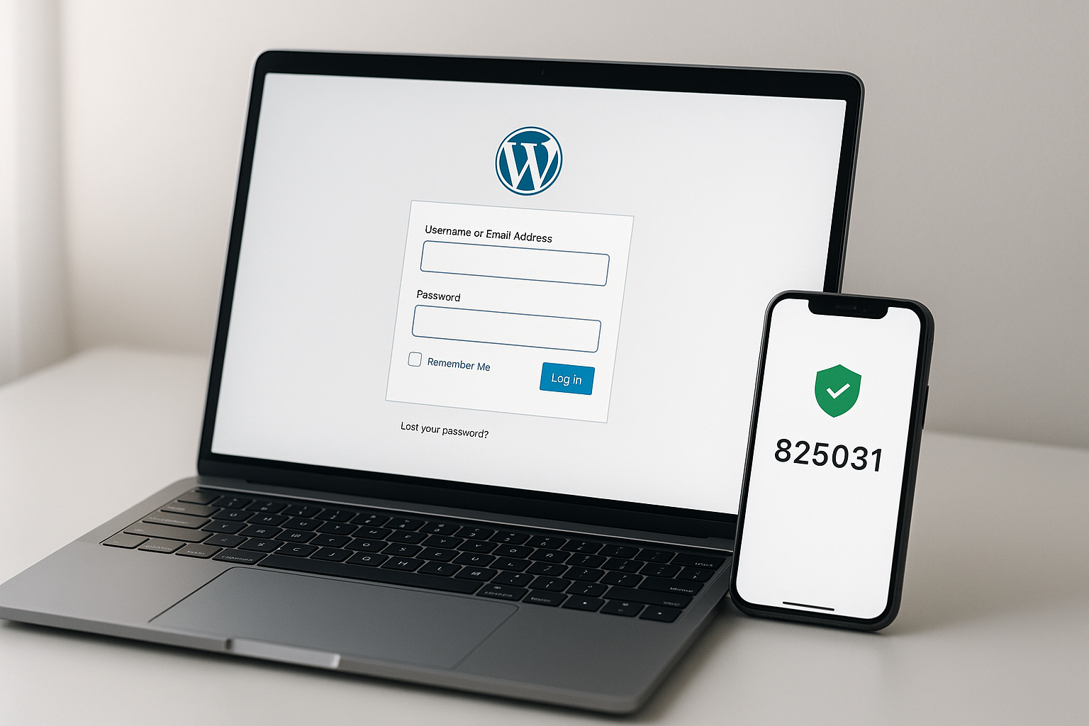 Laptop showing WordPress login screen next to smartphone displaying a six-digit two-factor authentication code with green shield verification icon