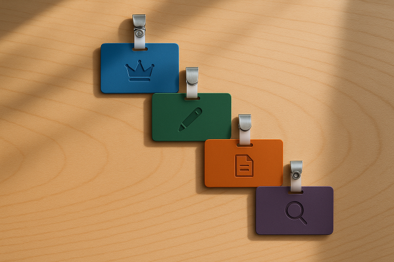 Five color-coded name badges arranged in a hierarchical staircase on a wooden desk, representing WordPress user role levels from Administrator to Subscriber