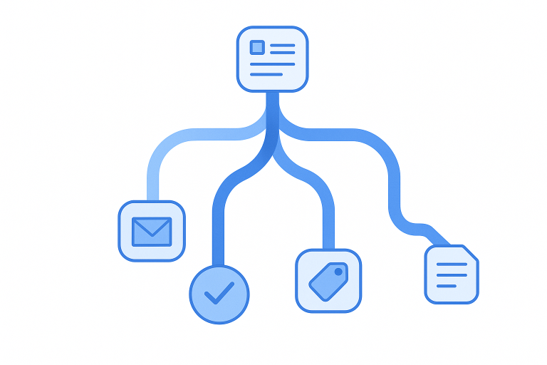 Branching decision tree showing Gravity Forms conditional logic paths from a form to email notifications, confirmations, pricing, and page navigation