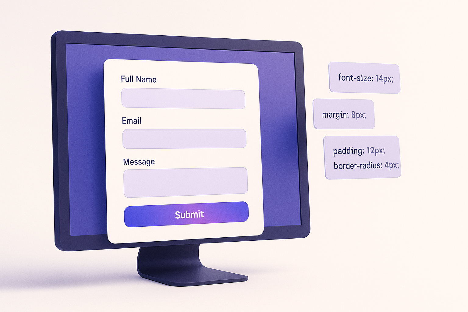 Monitor displaying a professionally styled Gravity Forms web form with floating CSS property snippets