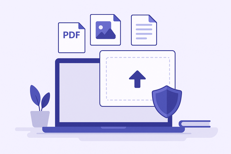 Gravity Forms file upload guide illustration showing a laptop with a secure drag-and-drop upload interface, document icons for PDF, images, and files, with a security shield overlay