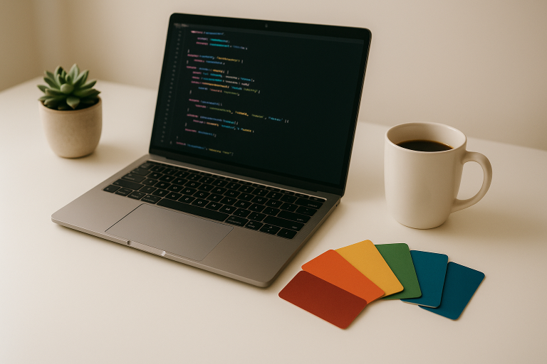 Laptop with code editor and five colored cards