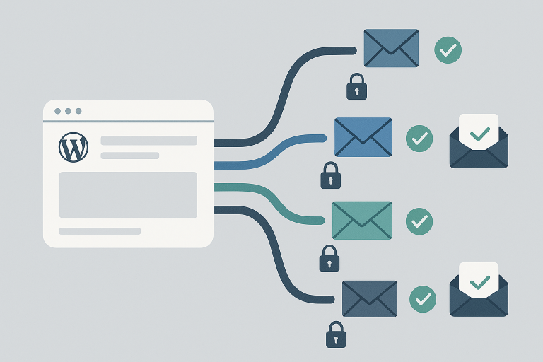 Conceptual illustration of a WordPress site routing emails through four SMTP providers with security and delivery indicators
